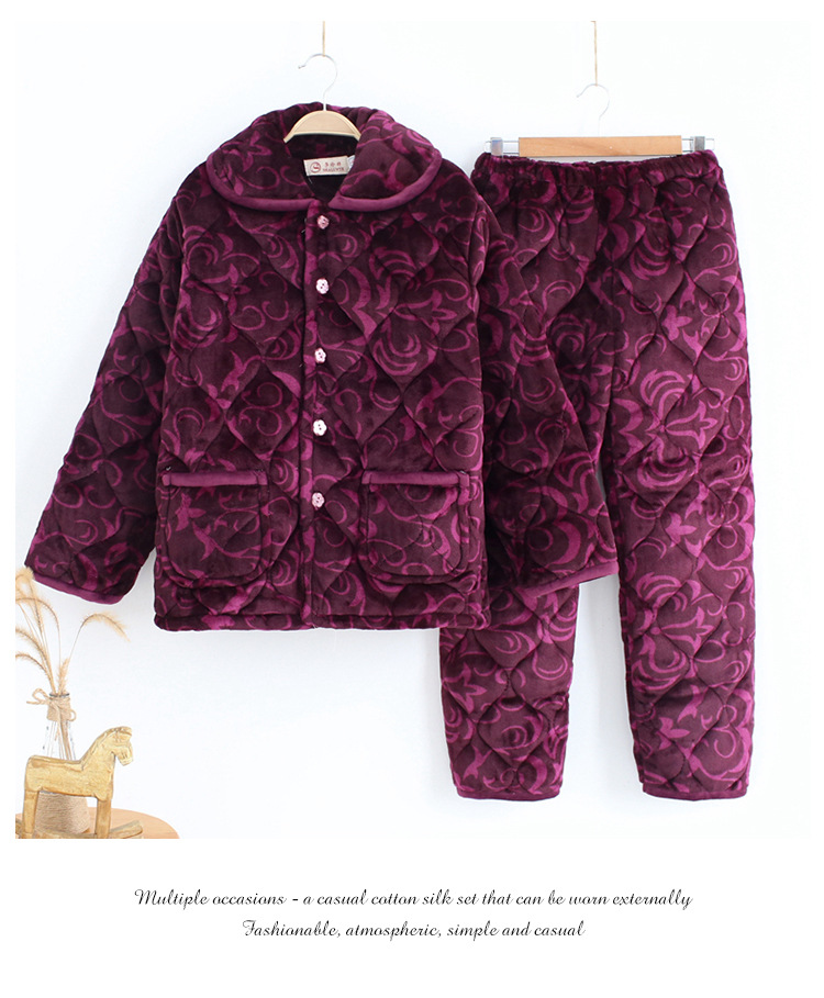 中老年妈妈冬季睡衣女三层加绒加厚夹棉珊瑚绒保暖家居服外穿套装详情38