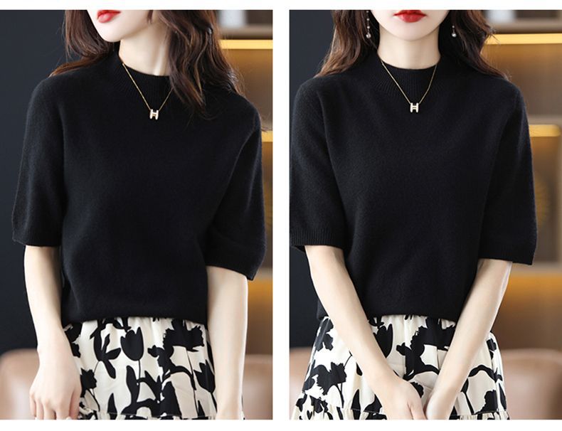 A semi-high-neck casual knitted sweater for women in spring 2023, in a solid color, paired with a half-sleeved base layer sweater T-shirt pic 35