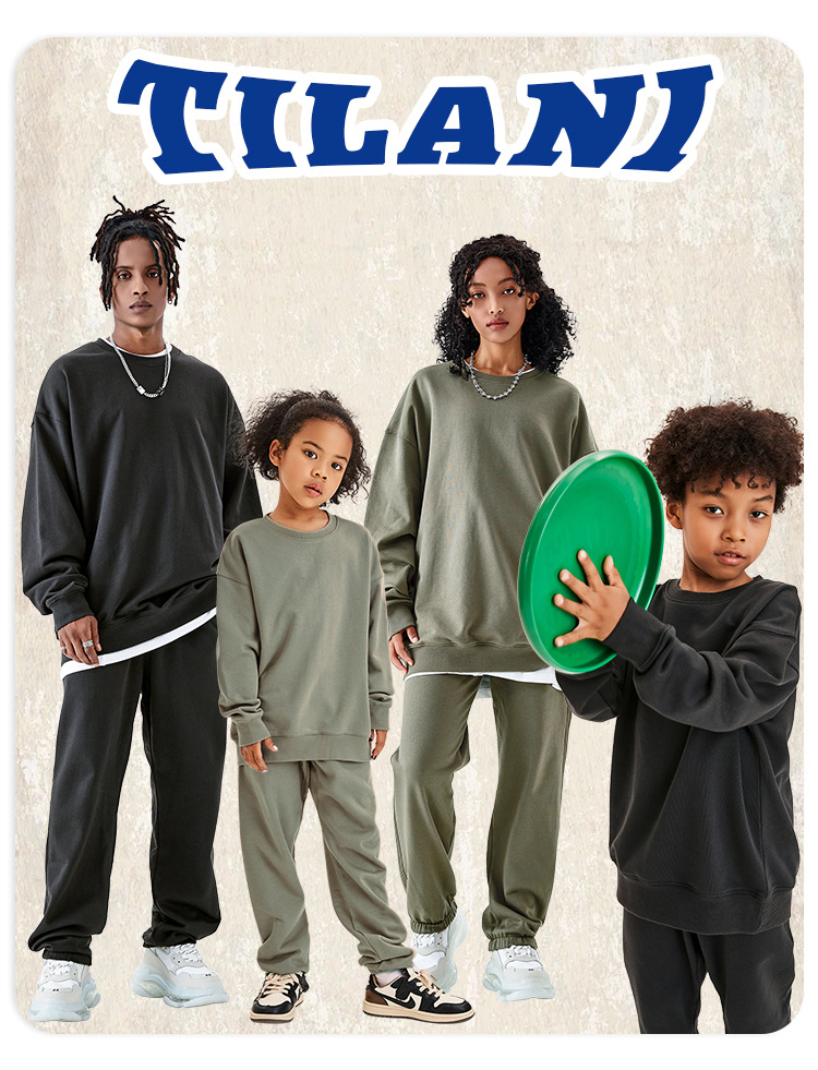 TILANI童装纯色400G毛圈棉圆领套头卫衣男女同款亲子套装跨境专供详情4