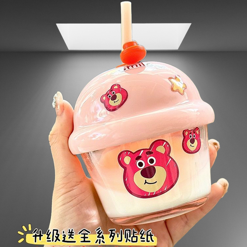 草莓熊玻璃杯墩墩吸管水杯儿童迷你可爱早餐牛奶杯伴手礼杯子批发详情6