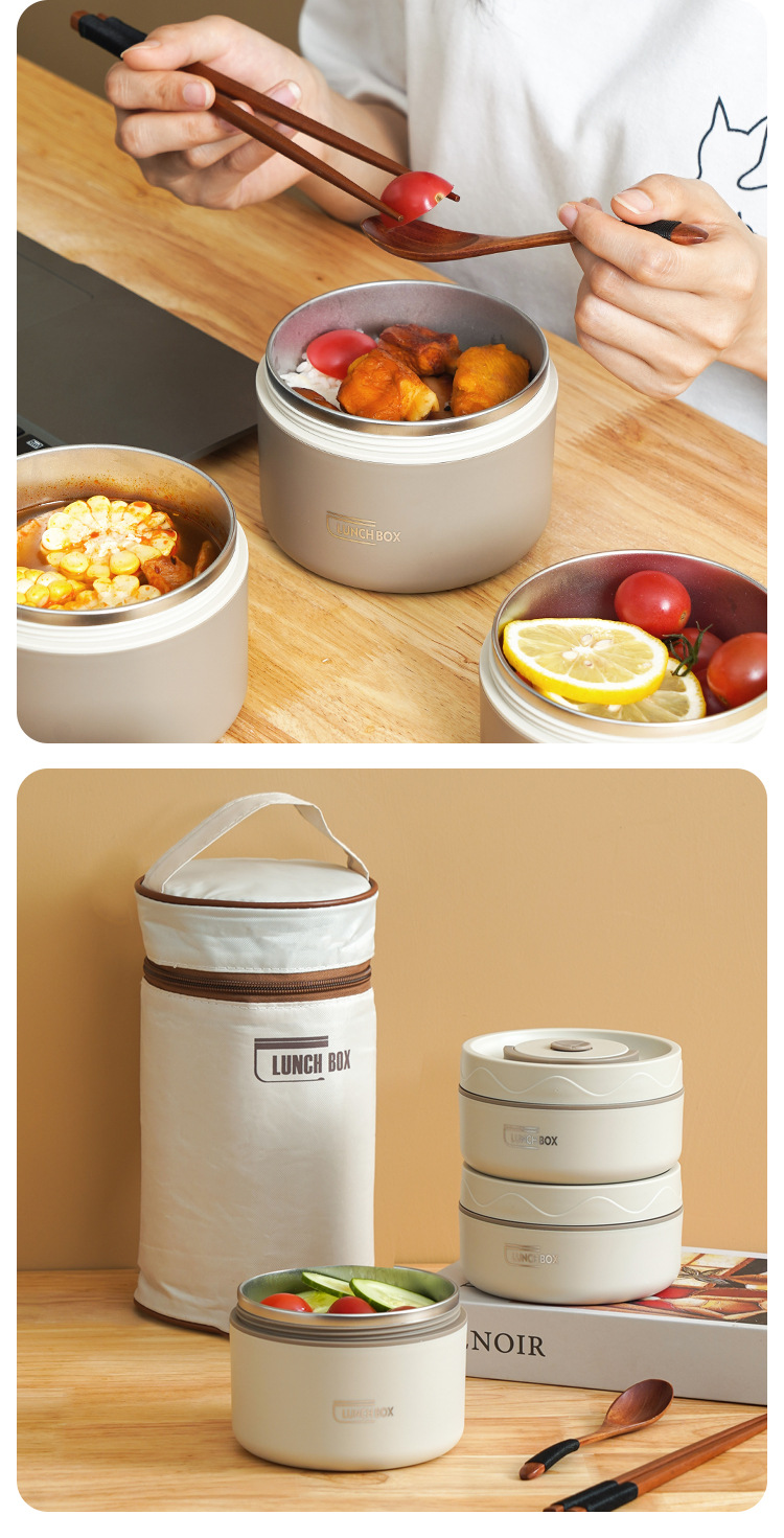 Cross-border best-selling 304 stainless steel insulated lunch box, round student portable lunch box, microwave-safe double-layer bento box pic 16