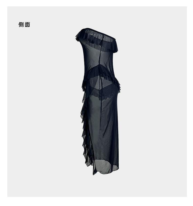 New trendy style tulle halter dress in solid color, one-shoulder, rolled-up, see-through, slanted slit, seductive and sexy sleeping dress 692 pic 9