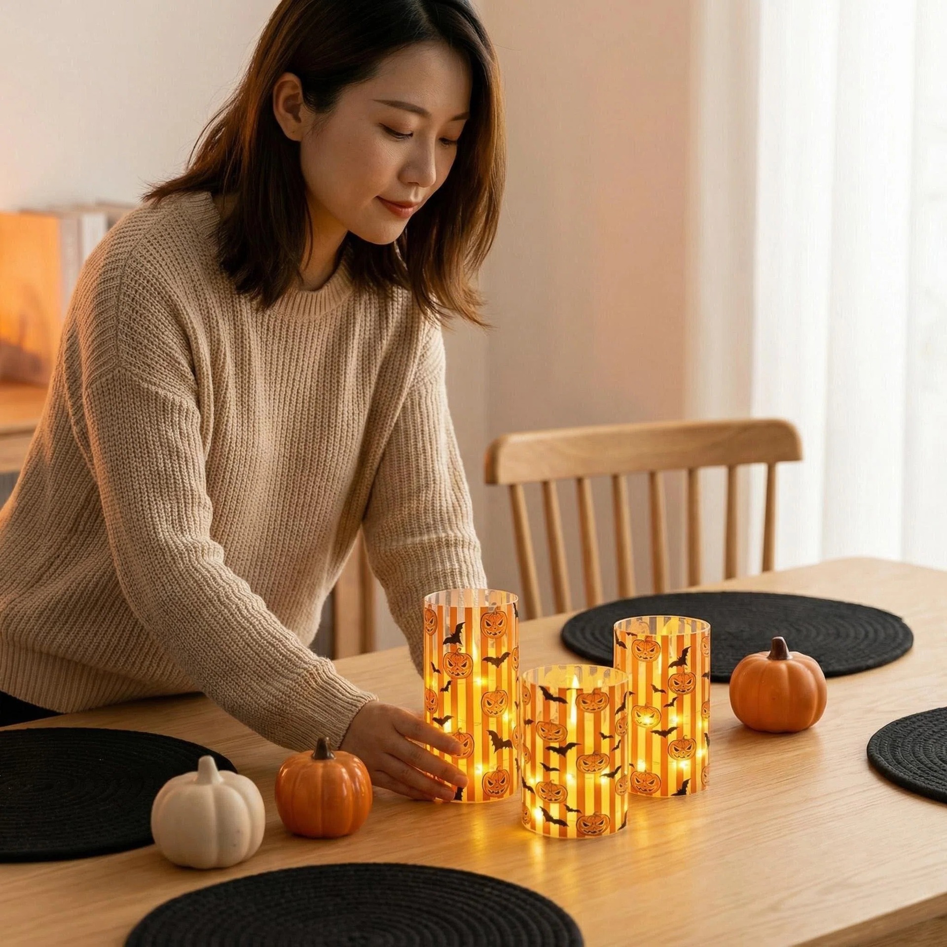 Suitable for cross-border candles, swing headlamps, string candle lamps, simulated candle lamps, ambient lamps, candlelight dinner candle lamps, UV printing, new Halloween pumpkin, replaceable pattern, illuminated decorative items, 7.5 electronic candle factory pic 5