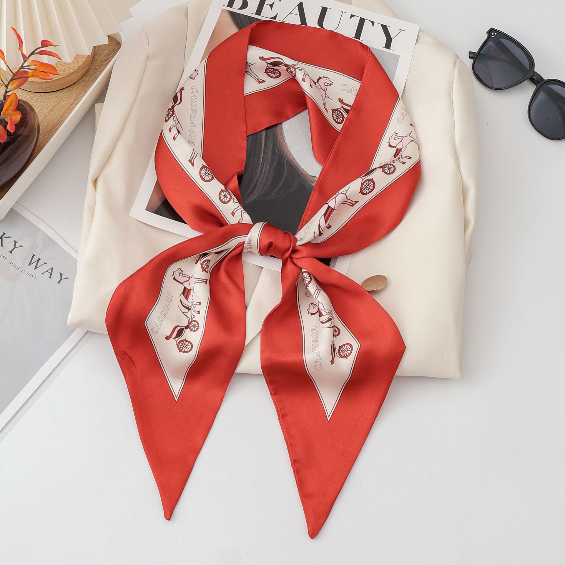 欧美风2025爆款斜角飘带长条丝巾工厂批发时尚格子纹防晒围巾领巾女装配饰详情2