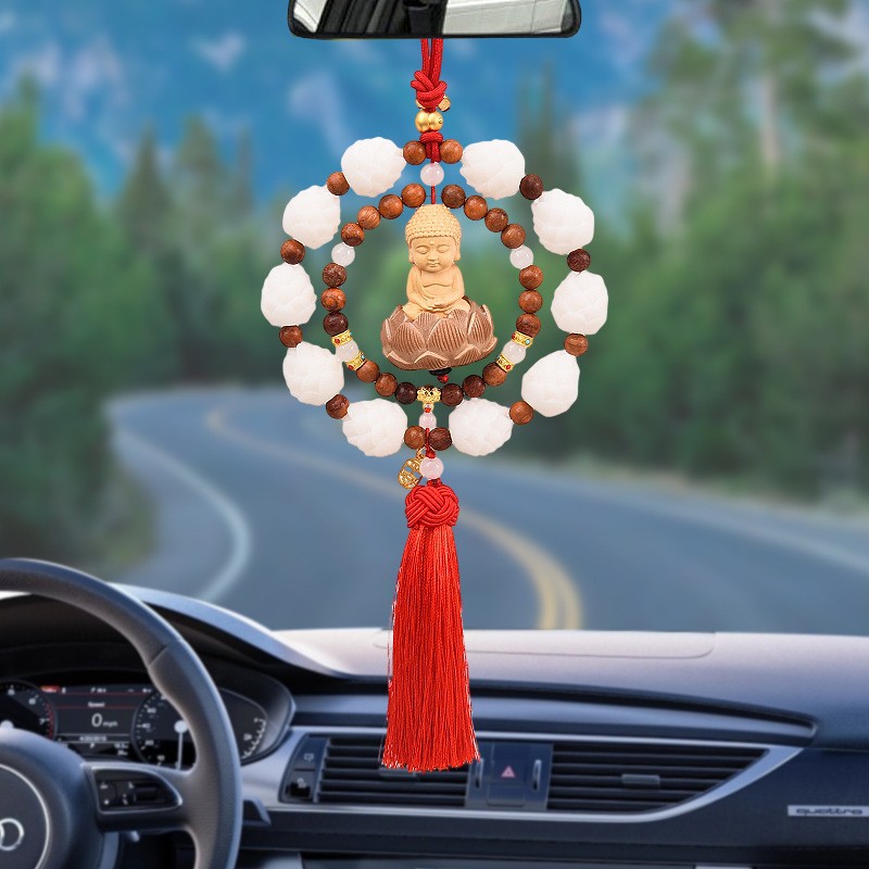 The new Lotus car pendant features a woven double-loop creative little Buddha for peace, a car rearview mirror pendant made of boxwood with a national trend pic 6