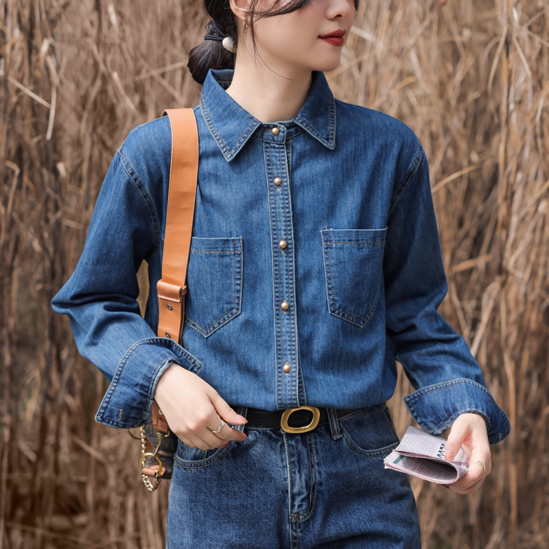 牛仔衬衫女2024春秋新款百搭蓝色韩版时尚休闲宽松翻领大码衬衣详情4