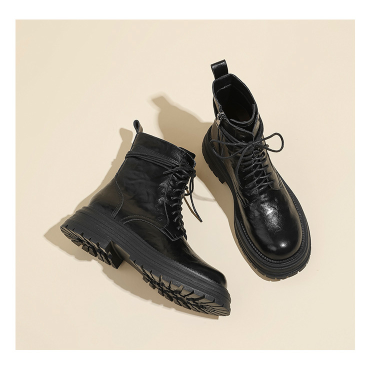 英伦复古系带厚底马丁靴秋冬季单靴精致手抓纹粗跟短靴女机车靴子详情38