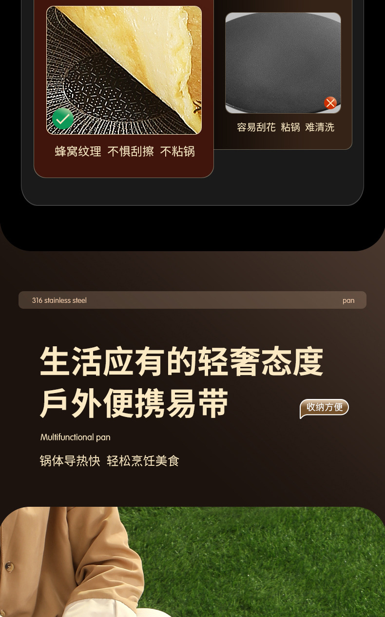 316不锈钢烤盘韩式户外露营不粘锅 卡式炉专用铁板烧煎烤肉盘家用详情6