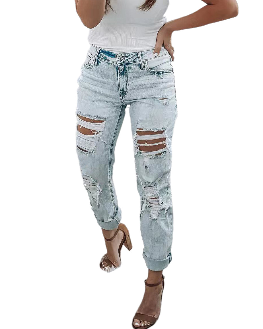 外贸女装亚马逊欧美2023夏季跨境时尚修身显瘦破洞牛仔长裤女高腰详情8