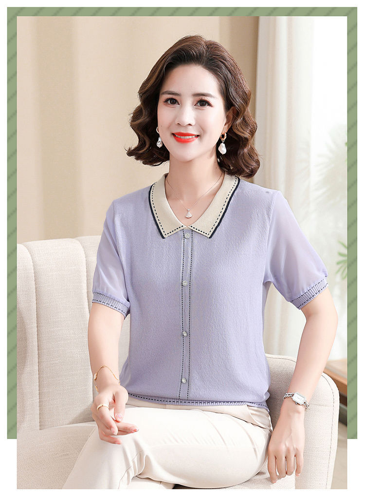 妈妈夏装短袖针织翻领T恤中老年女装冰丝上衣遮肚子薄款小衫套装详情17
