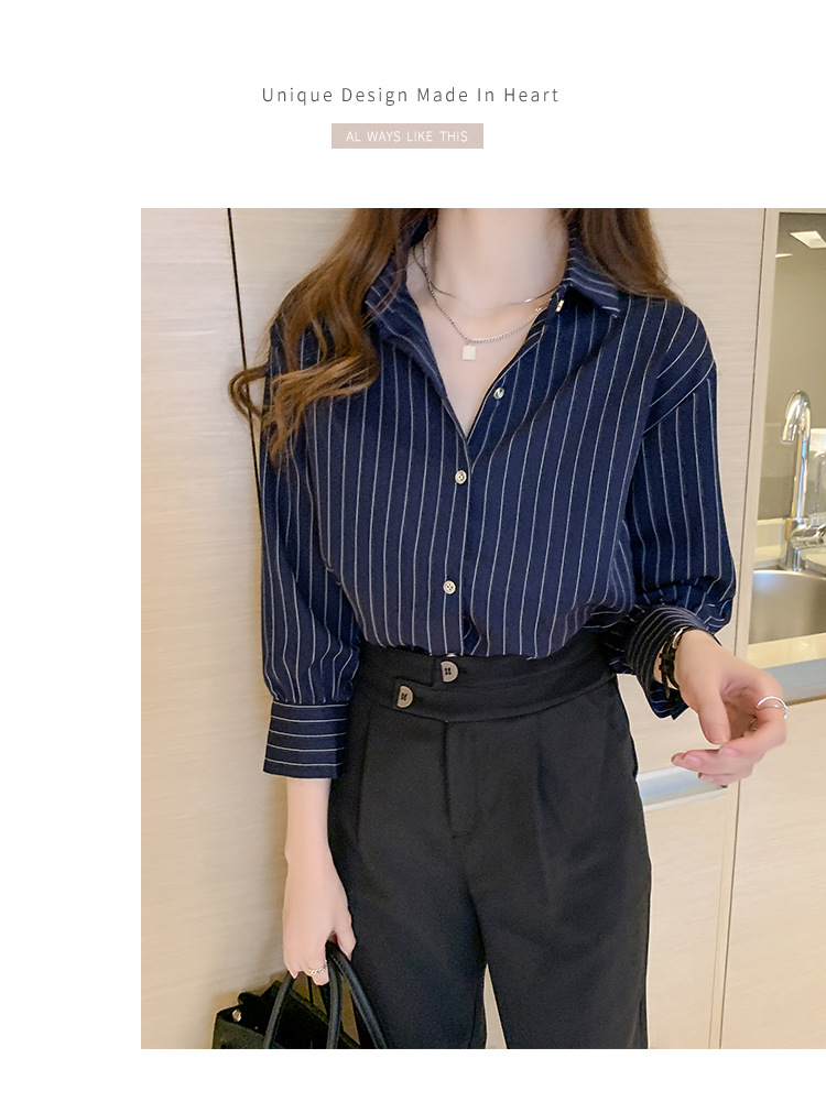 This vertical striped chiffon shirt for women with three-quarter sleeves is a new autumn collection. It features a unique and mature design with a sense of elegance and drape pic 8