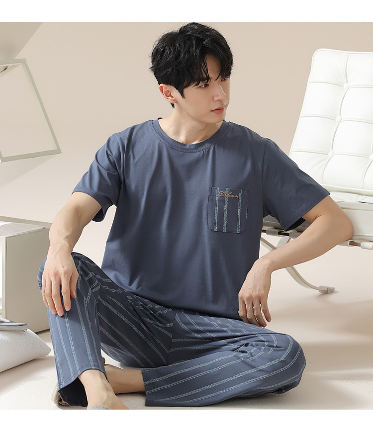 Summer pure cotton pajamas for men, cartoon casual short-sleeved shirts and long pants, pure cotton comfortable home wear, summer youth student set pic 161