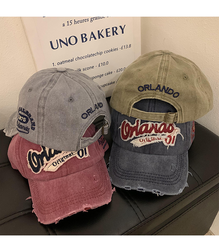 American retro distressed baseball cap for women, washed-out, ripped denim wide-brimmed baseball cap, face-showing small cap pic 13