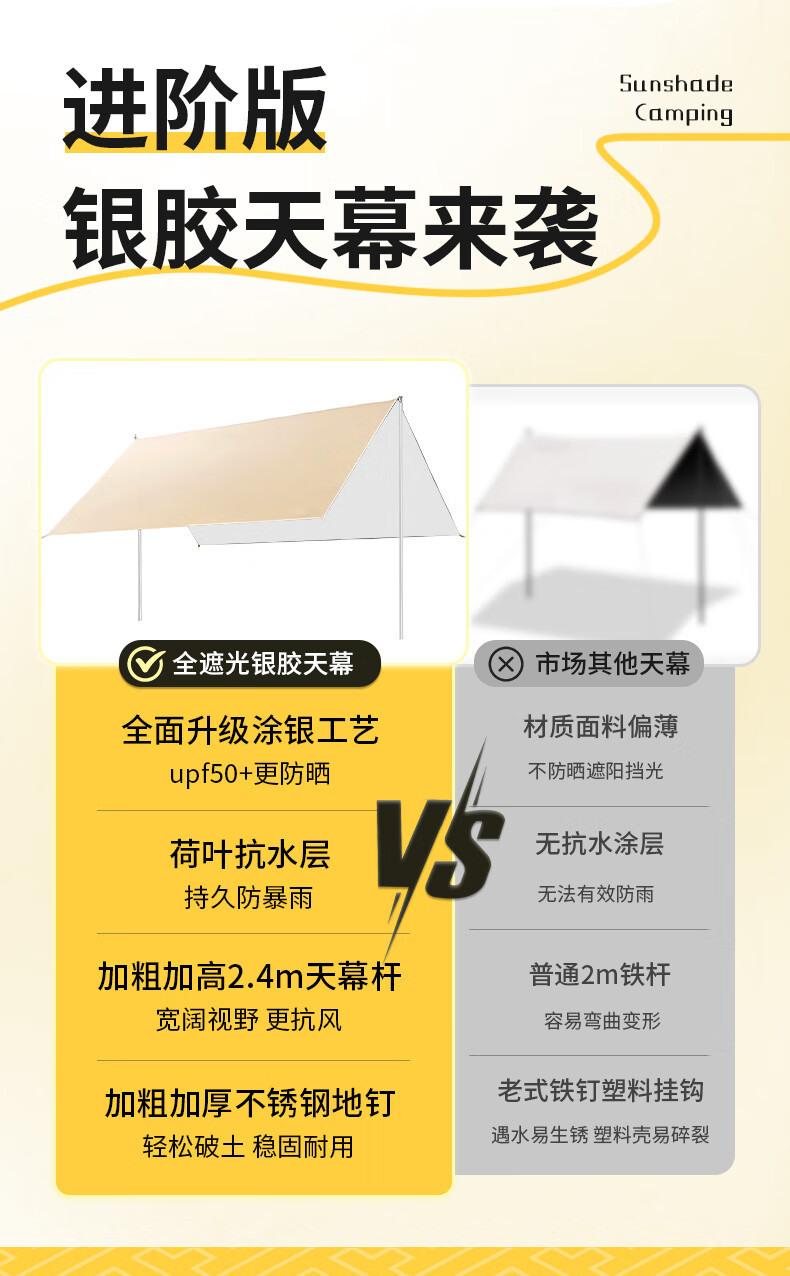 小魔户外露营黑胶天幕方形流沙金棚防晒防雨遮阳银胶帐篷天幕详情9