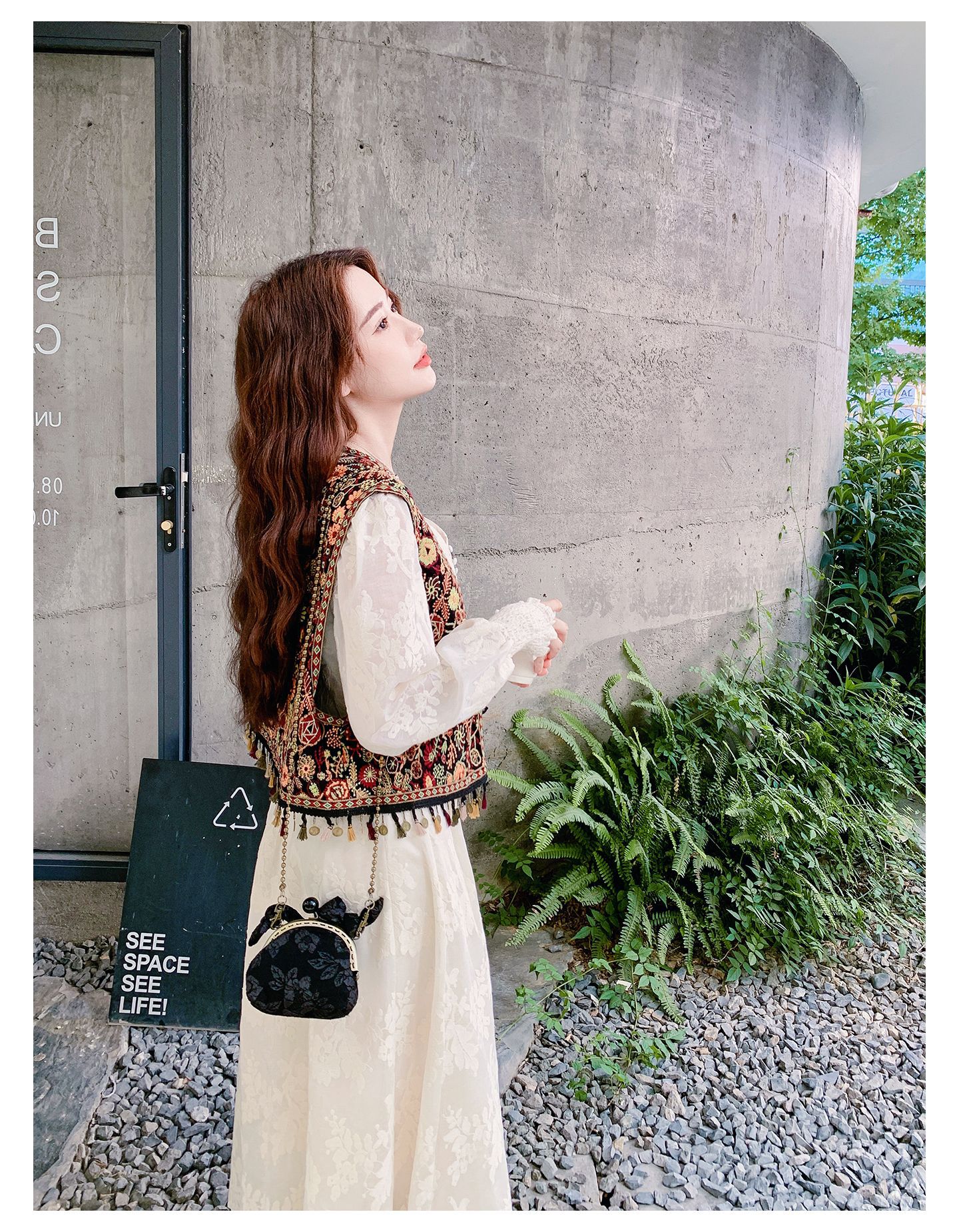 Real shot Bohemian fringed vest jacquard long dress two-piece set 2025 autumn collection lace patchwork V-neck dress pic 14