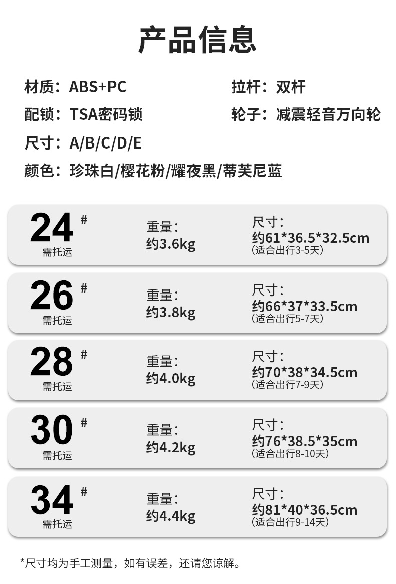 加厚PC拉杆箱24寸耐摔大容量行李箱女30寸旅行箱26密码箱包皮箱子详情12