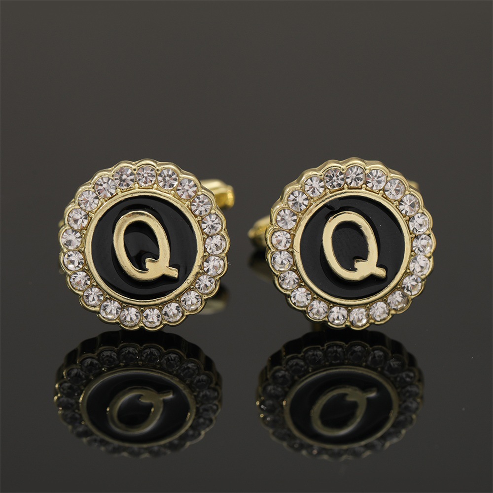 大写字母袖扣圆形镶钻袖钉合金滴油男士衬衫扣26英文字母A-Z配饰详情33