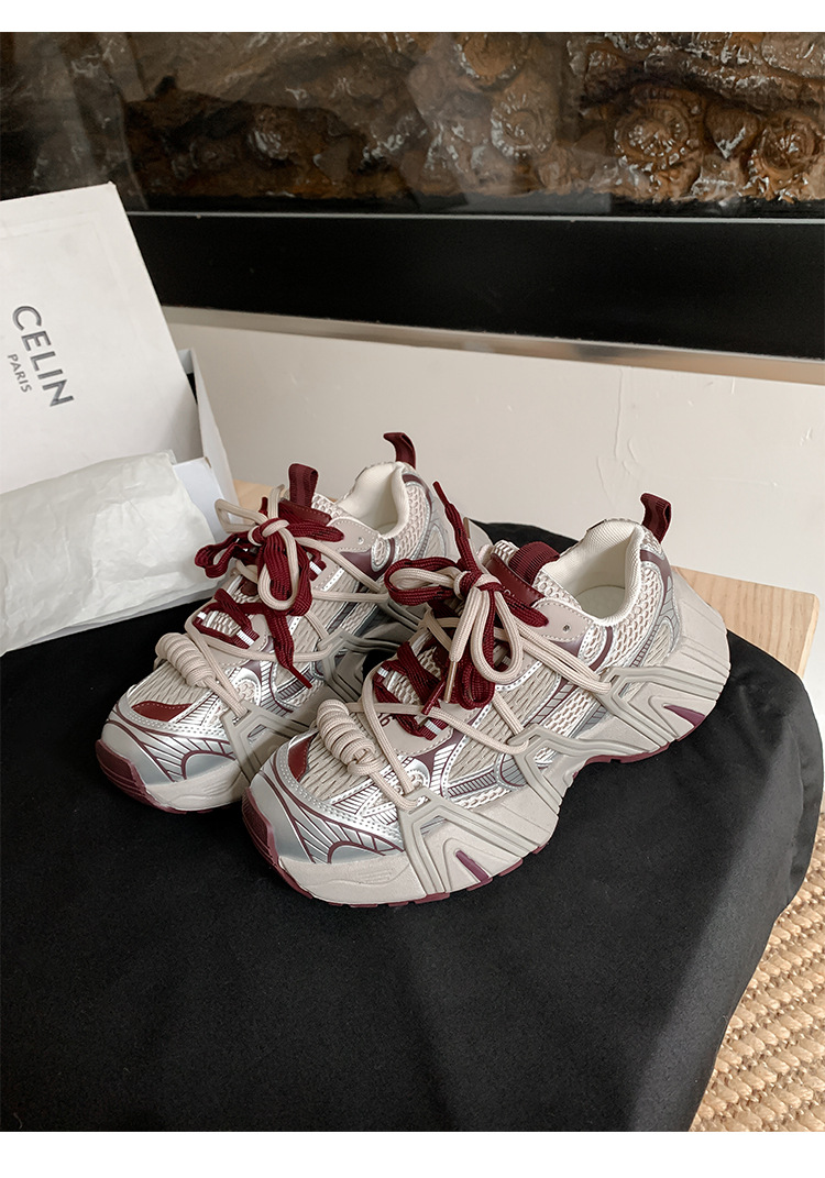 葡萄妈同款 画报女孩 时髦双鞋带网面拼接厚底增高老爹鞋女真皮详情87