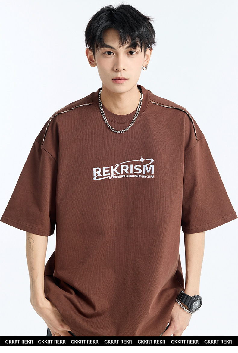 Heavy cotton short-sleeved T-shirt for men, Spring/Summer 2025, American letter print zipper design, loose and versatile base layer pic 4