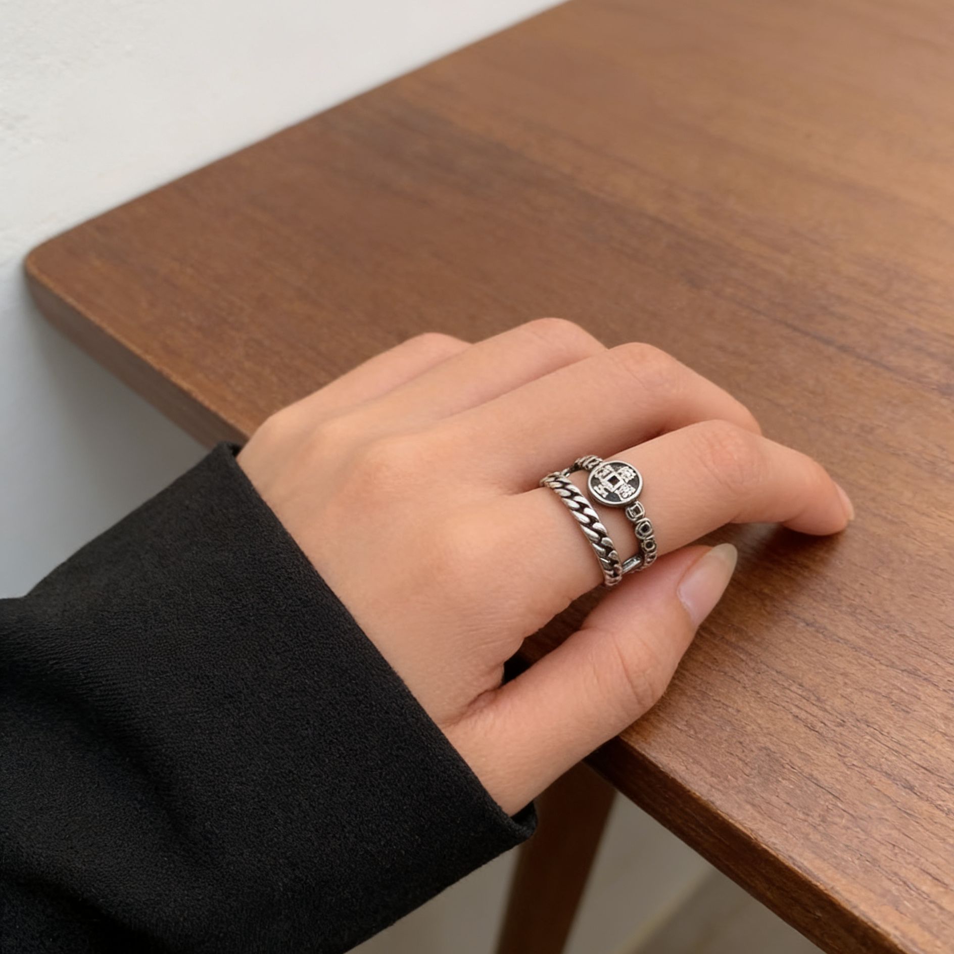 This is a niche design 12.20 national trend copper coin ring. It is made entirely of S925 sterling silver, with a retro and aged wide version. It is a unique and stylish open ring for women pic 4