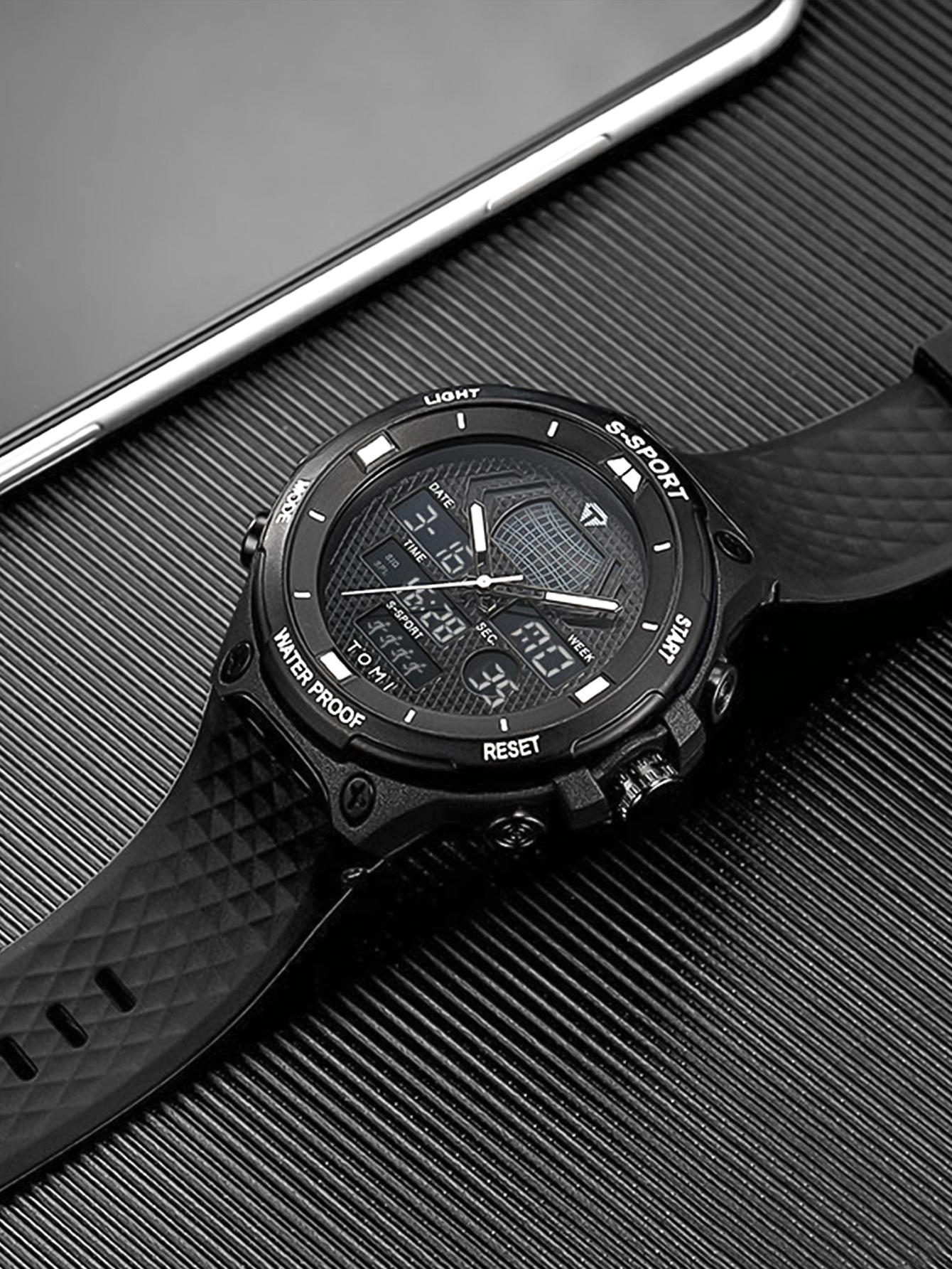 TOMI数字指针双显示创意休闲手表男士学生运动防水表高颜值石英表详情4