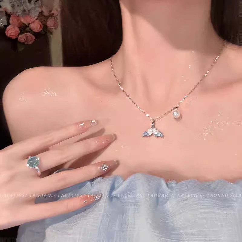 鲛人恋~轻奢小众蓝晶石鱼尾珍珠项链女2024新款高级感锁骨链配饰详情3