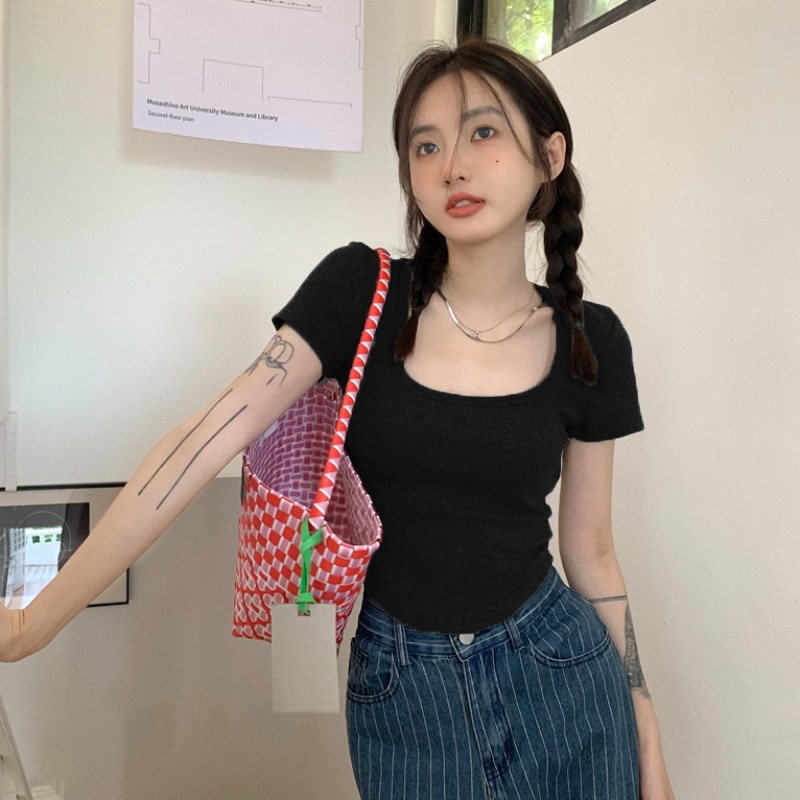 纯欲甜辣妹正肩方领短袖T恤女夏季ins设计感小众百搭显瘦短款上衣详情8