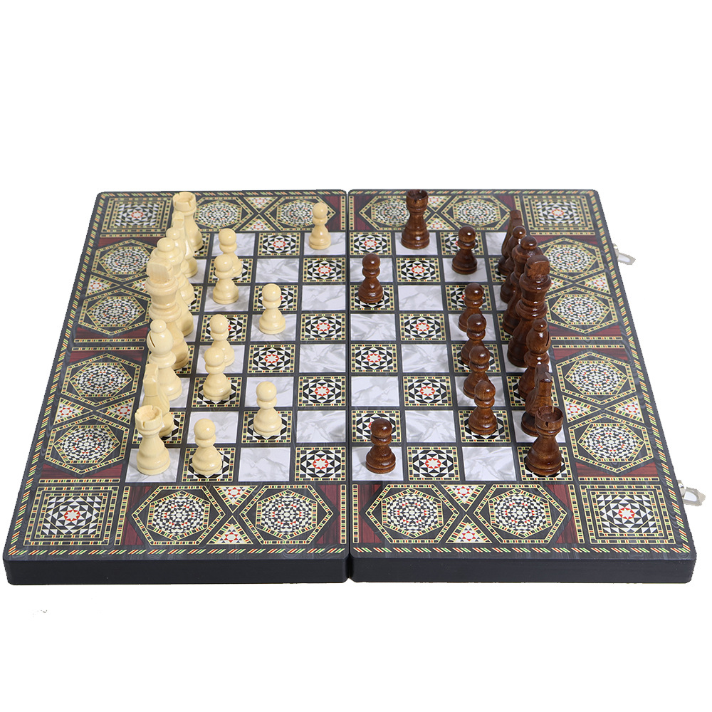 Wholesale of international chess casual entertainment chessboard with dark wooden patterns, three-in-one, high-end feel, portable folding, and for export pic 9