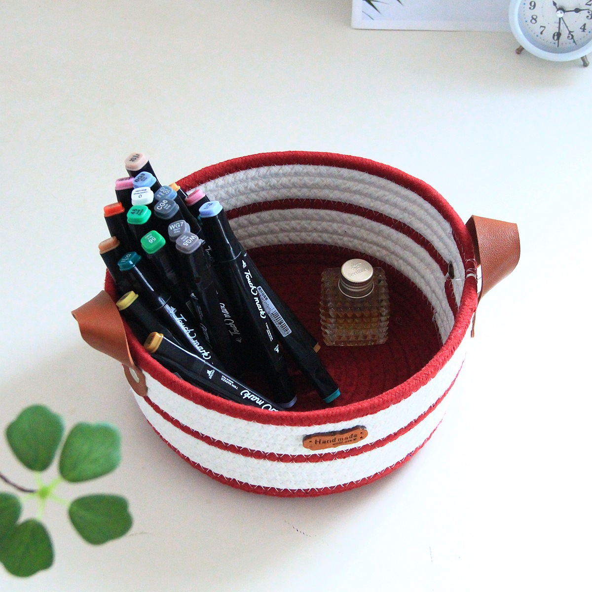 Round cotton rope woven storage basket with leather handle, InS-style desktop storage basket, cosmetics and toys storage box, Nordic style pic 14