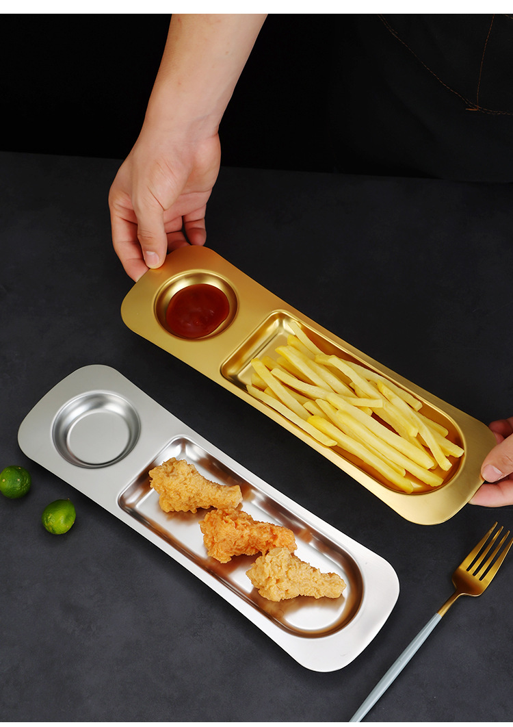 韩式不锈钢小吃盘火锅虾滑盘薯条盘金色甜品寿司盘炸鸡盘创意拼盘详情10