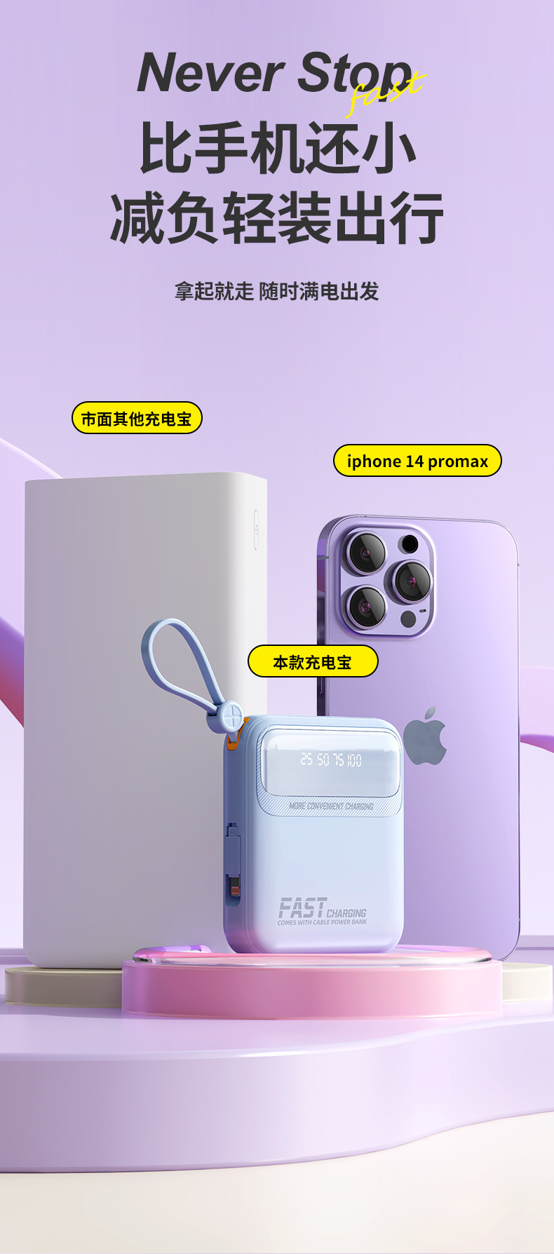 迷你大容量自带线20000毫安充电宝小巧便携移动电源礼品LOGO跨境详情8