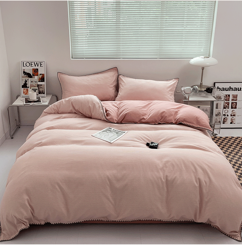 Ins-style double-striped washed cotton bed four-piece set, solid color brushed bed sheet, quilt cover, bed hat, student three-piece 4-piece set pic 14