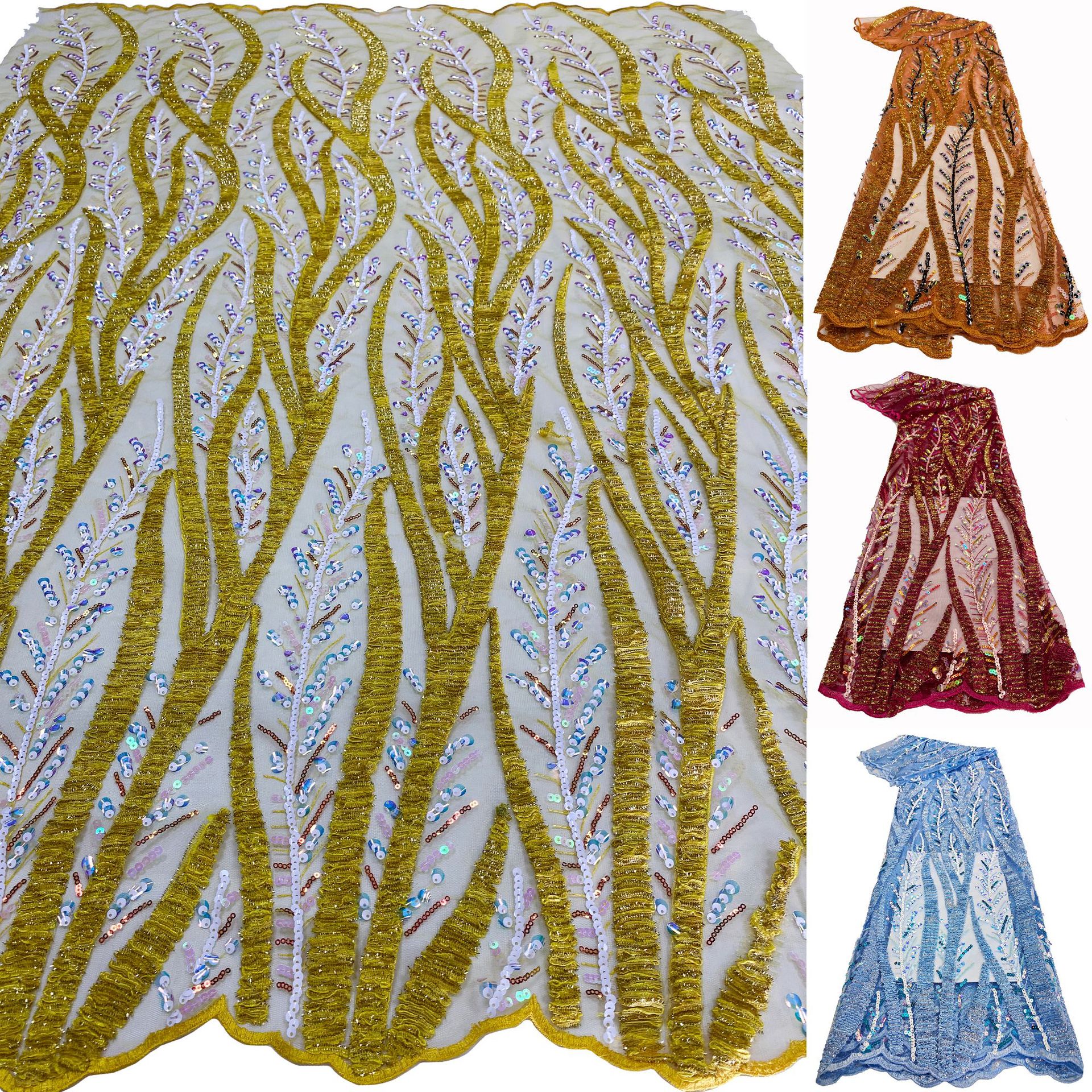 New African and Middle Eastern branch mesh fabric, sequined multi-color embroidered lace fabric beadslace in stock pic 3