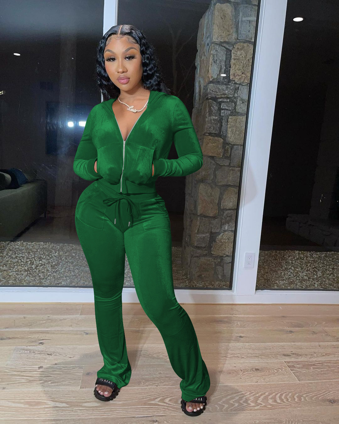 Solid color gold velvet wide-leg pants two-piece set pic 95