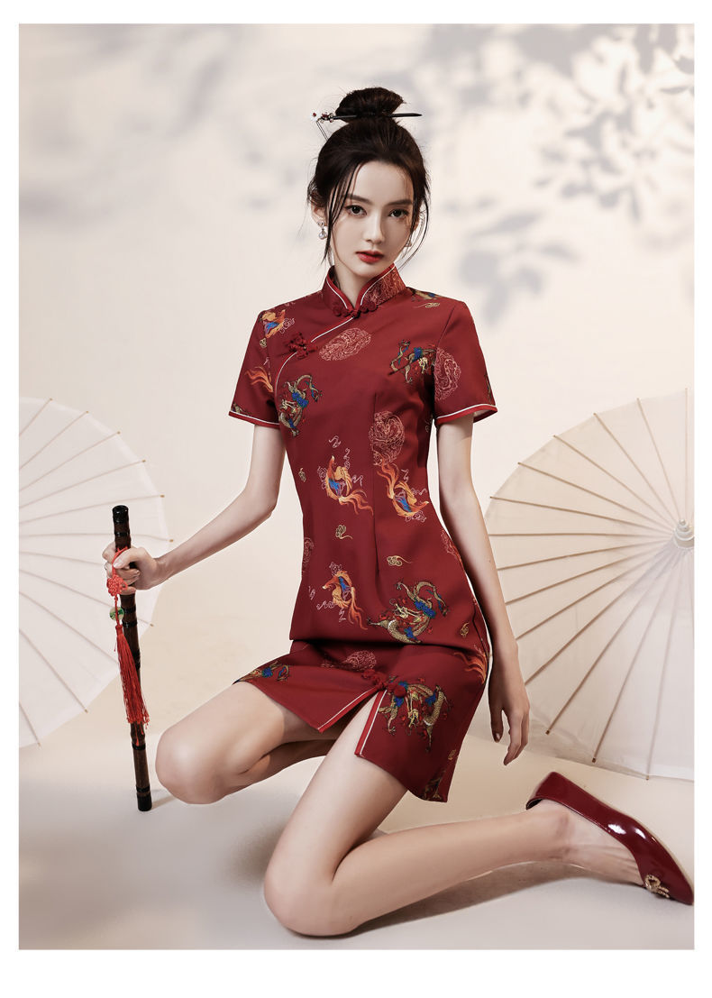 国潮旗袍2024年新款女夏季红色年轻款法式复古中国风改良版连衣裙短款详情11