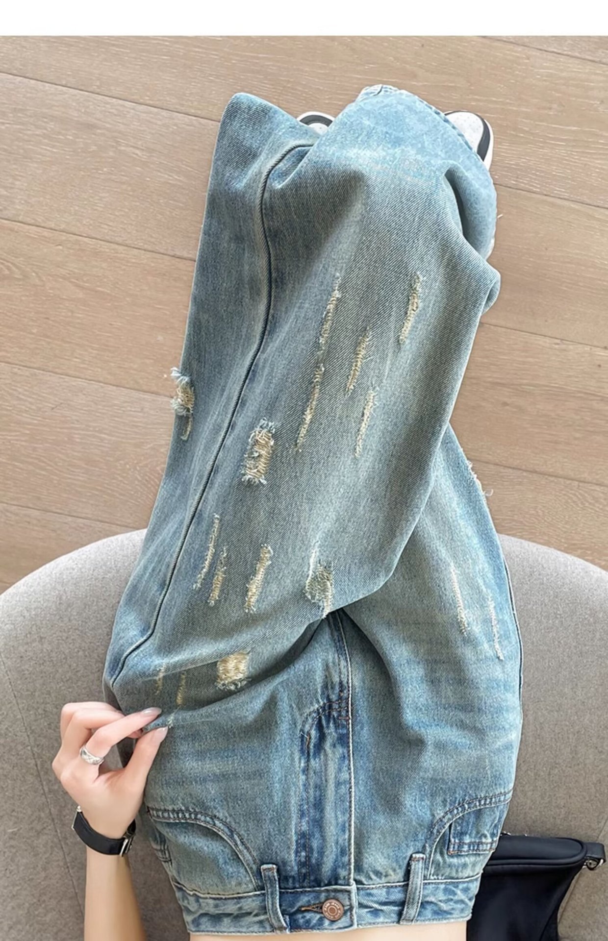 大码复古水洗磨白牛仔裤女春秋新款高腰胖mm宽松显瘦阔腿拖地裤子详情16