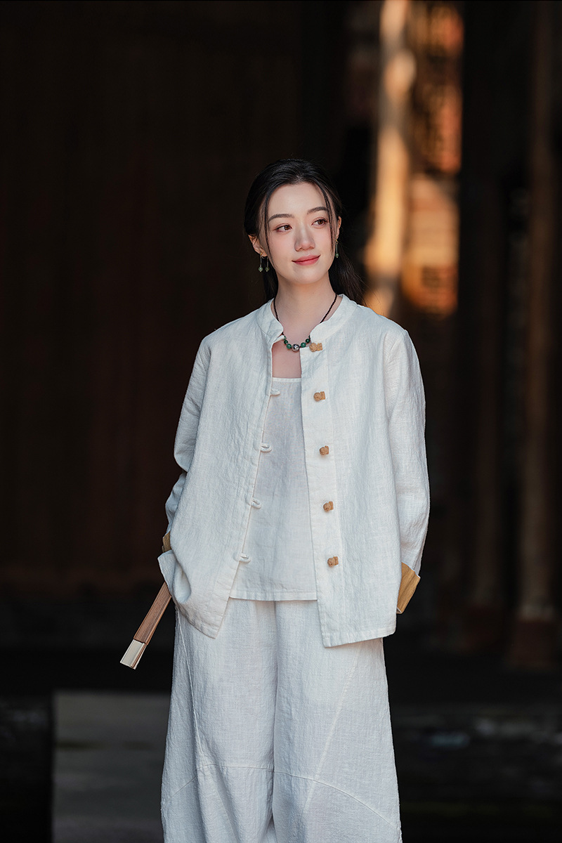 国潮中式棉麻女装拼色盘扣衬衫复古亚麻上衣茶服女禅意中山装国风开衫详情6