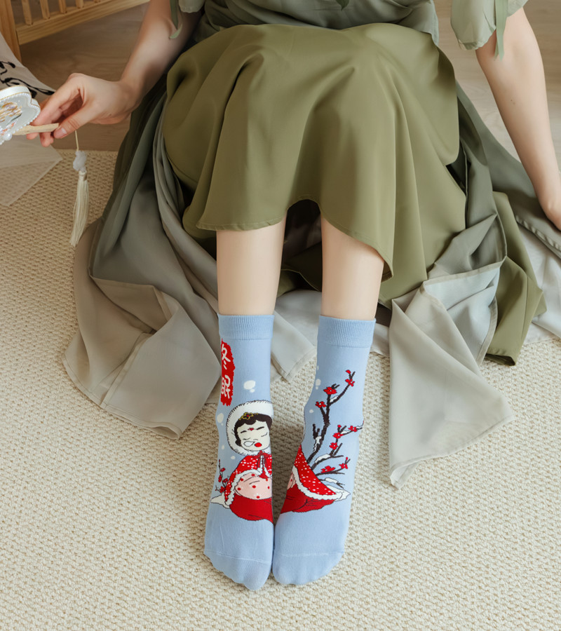 国潮袜子女原创设计古风水墨画AB鸳鸯女棉袜敦煌飞天白蛇传潮流中筒袜详情12