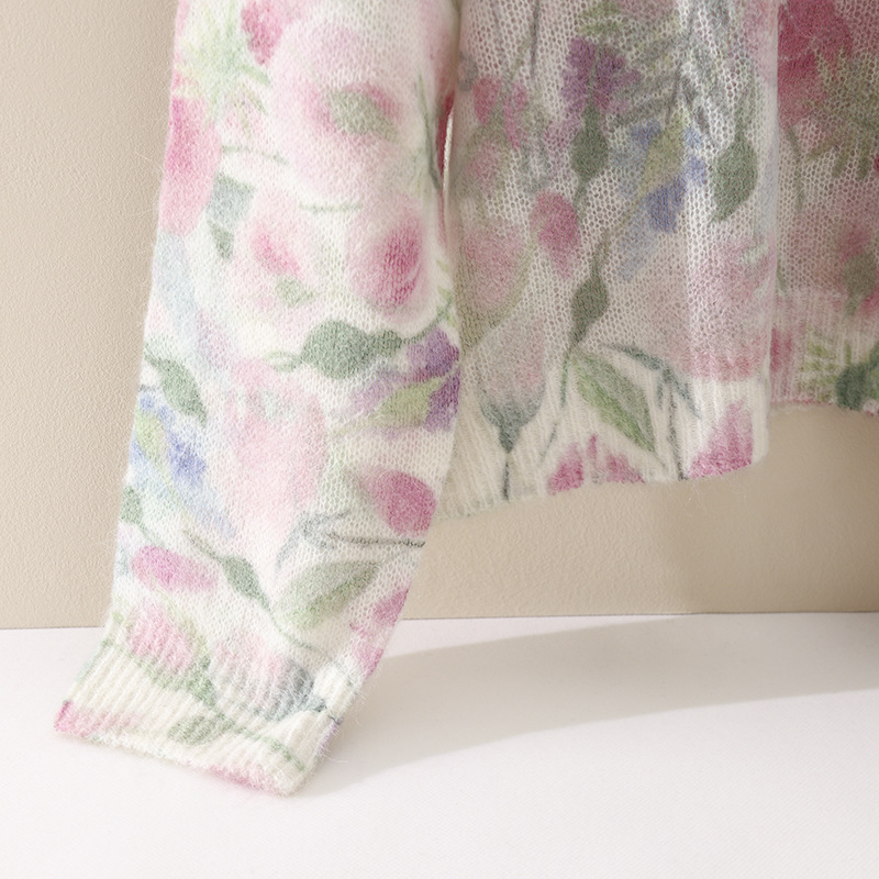 Flower Fairy Watercolor printed long-haired alpaca wool knitted sweater for spring, new wool round-neck pullover sweater for women pic 8