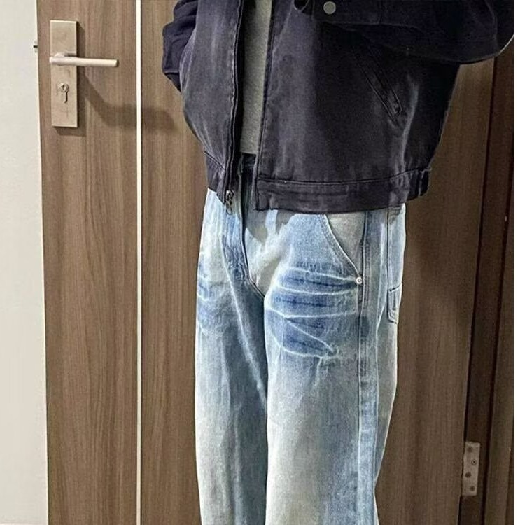 Washed blue straight-leg jeans for men, spring and autumn style American high street vibe pants, cleanfit curved slightly flared trousers pic 5