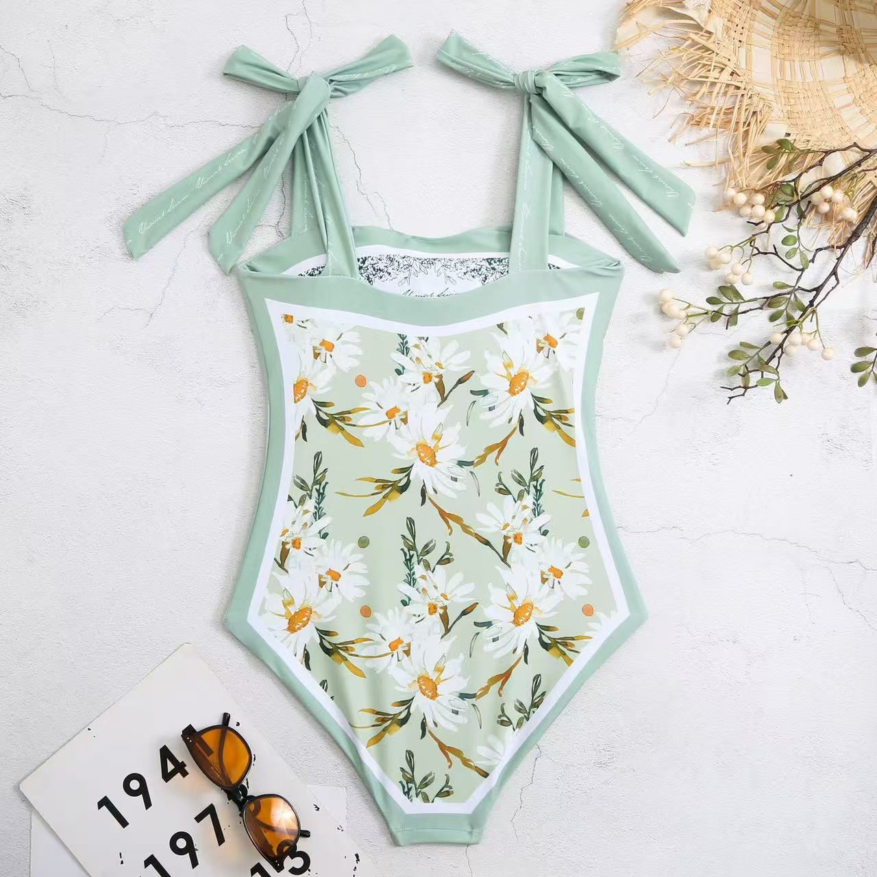 跨境双面印花连体泳衣复古风小清新抹胸系带连体泳装2024外贸新款详情11