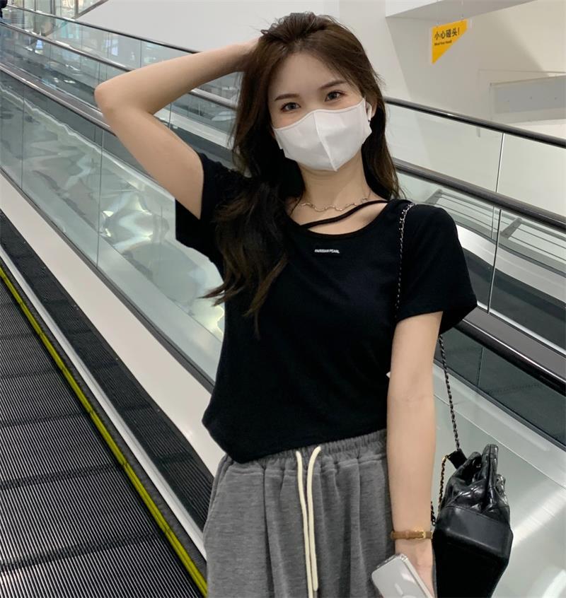 不规则设计感短袖T恤女夏季韩版2023新款辣妹风欲白色打底上衣详情4