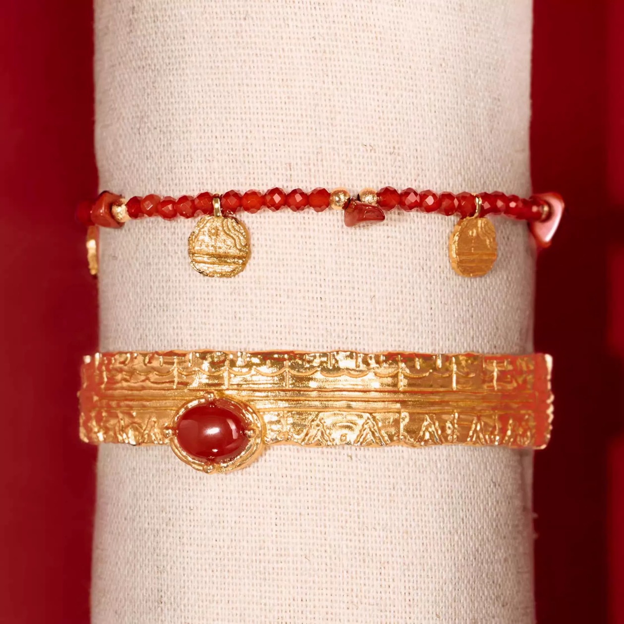 WEN*KISS系列红玛瑙项链过年新中式雕刻纹理本命年款串珠项链手链详情8