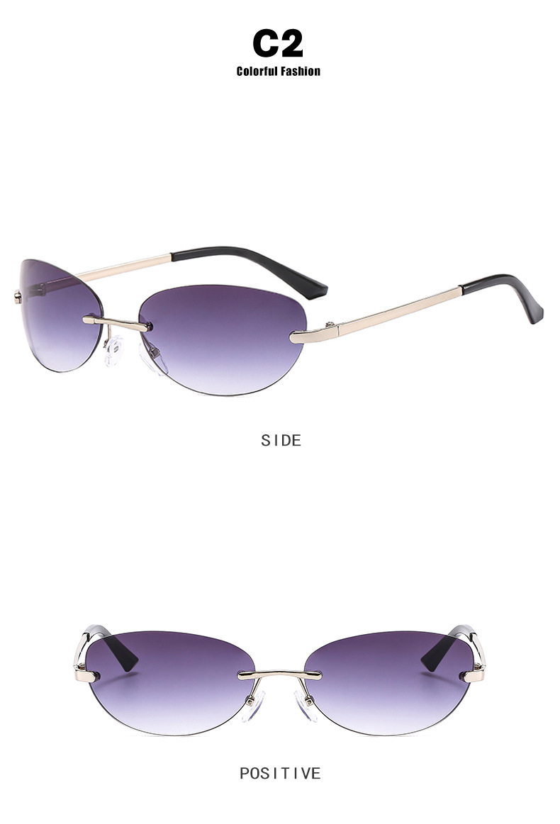 Retro frameless oval sunglasses, Y2K metal ins sunglasses, hot girl sunglasses, pose for street style, futuristic style pic 9