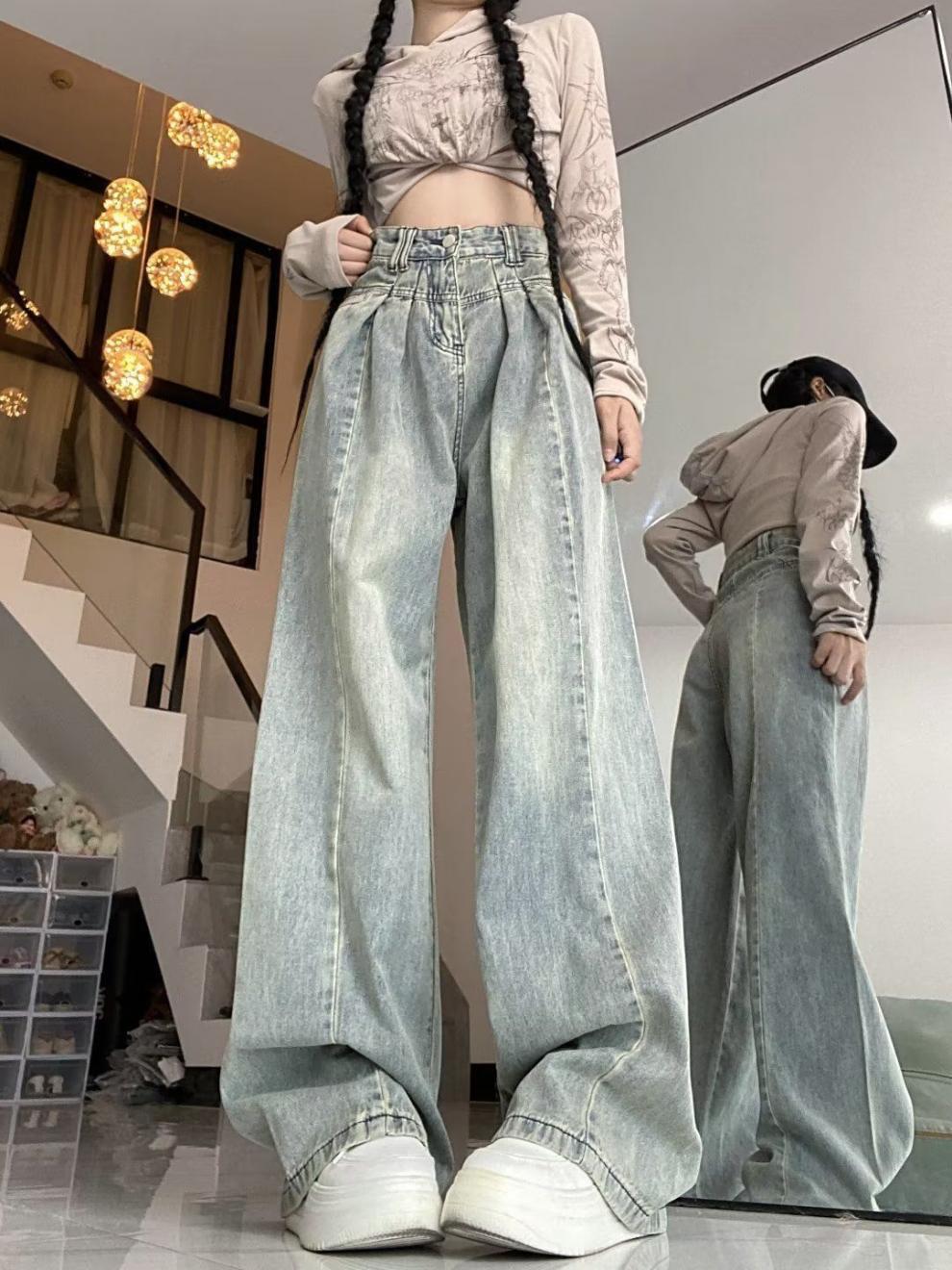 浅色复古阔腿高腰牛仔裤女秋季显瘦宽松大码胖拖地垂感直筒裤子XH详情8