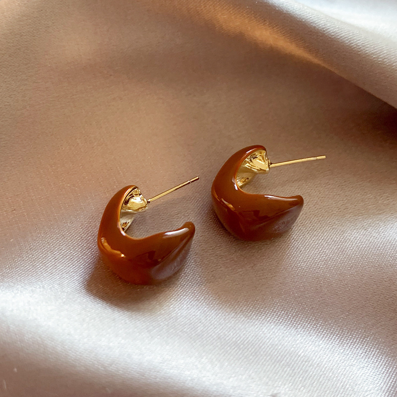 银针咖色滴油波浪弯曲耳钉复古轻奢耳环简约气质高级感耳饰批发女详情6