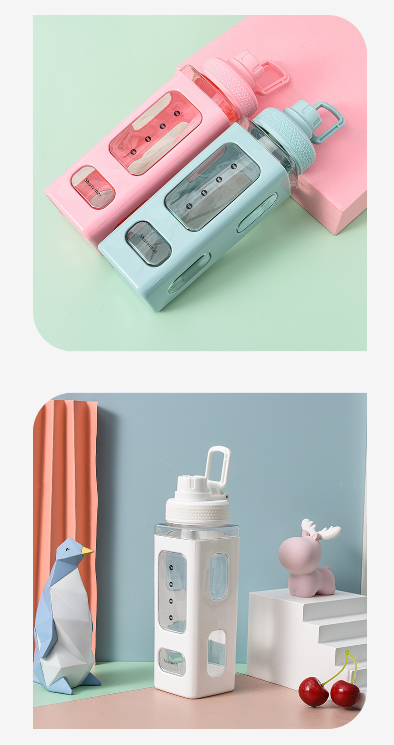 New high-appearure-level macaron-colored square water cup, large-capacity portable hand-held drinking cup, silicone straw water bottle pic 12