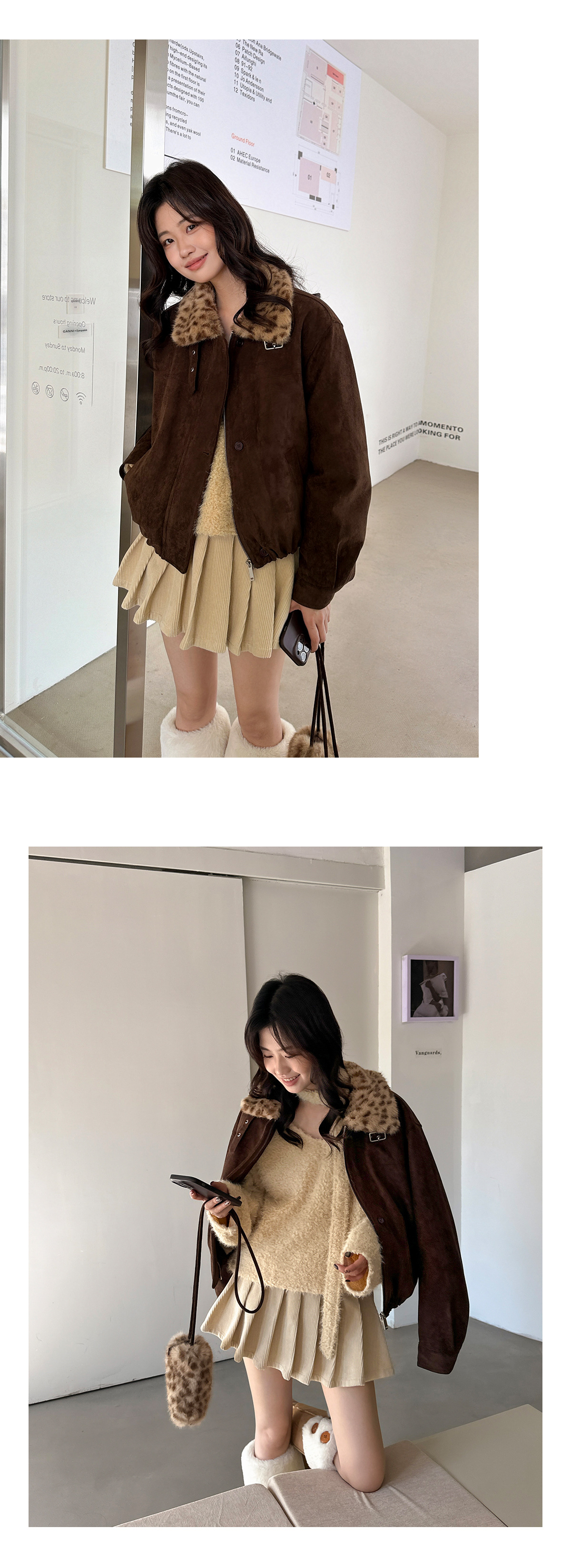 高级感麂皮拉链短款外套女冬季新款豹纹毛毛领宽松百搭保暖大衣详情16