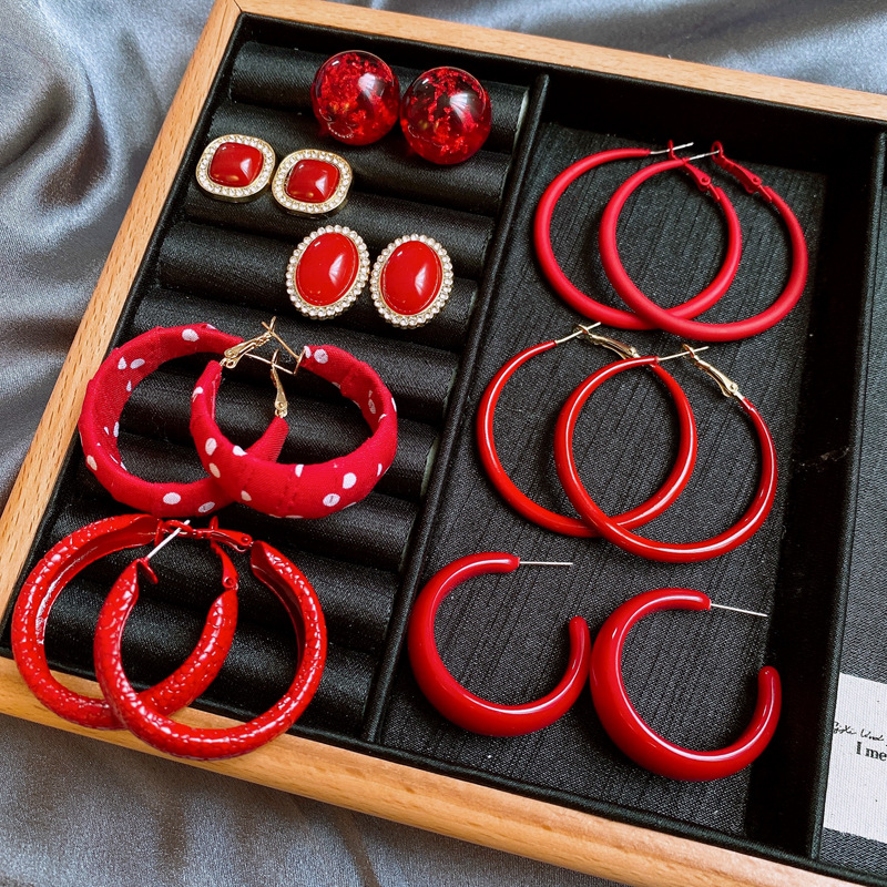 银针安可拉红色波点几何圆形耳圈耳环个性时尚耳圈港风复古耳饰女详情17