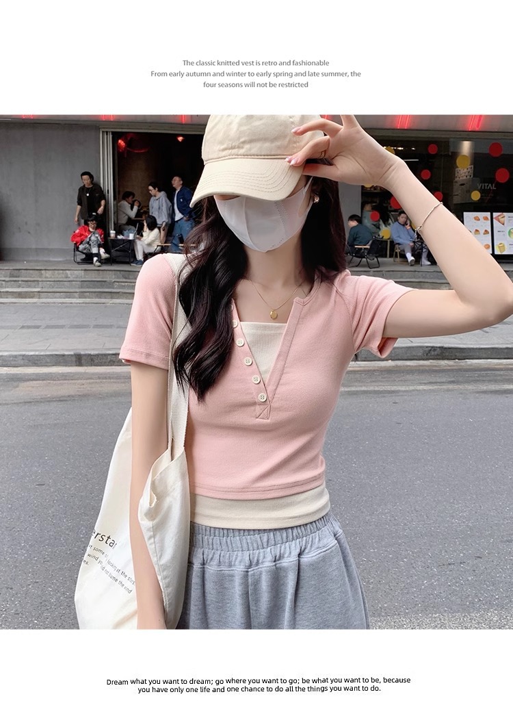 Pink V-neck off-the-shoulder T-shirt for women, short sleeve, new spring and summer style, two-piece design, slim and short, pure and sensual pic 7